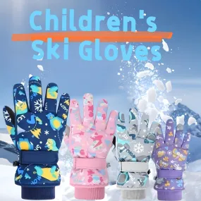 1 Pair Kids Ski Gloves, Cartoon Cotton-Lined Warm Gloves for Boys and Girls, Windproof Winter Gloves for Snow Sports, Dry Clean Only, Mixed Color, Woven Polyester Fabric