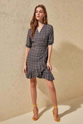 16423 Grey Check Wrap Skirt Dress