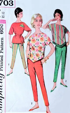 1960s RETRO Ultra Slim Pants and Over Blouse Top Pattern SIMPLICITY 3703 Cute Bateau Tops Cigarette Pants Bust 32 Vintage Sewing pattern  Transfer UNCUT