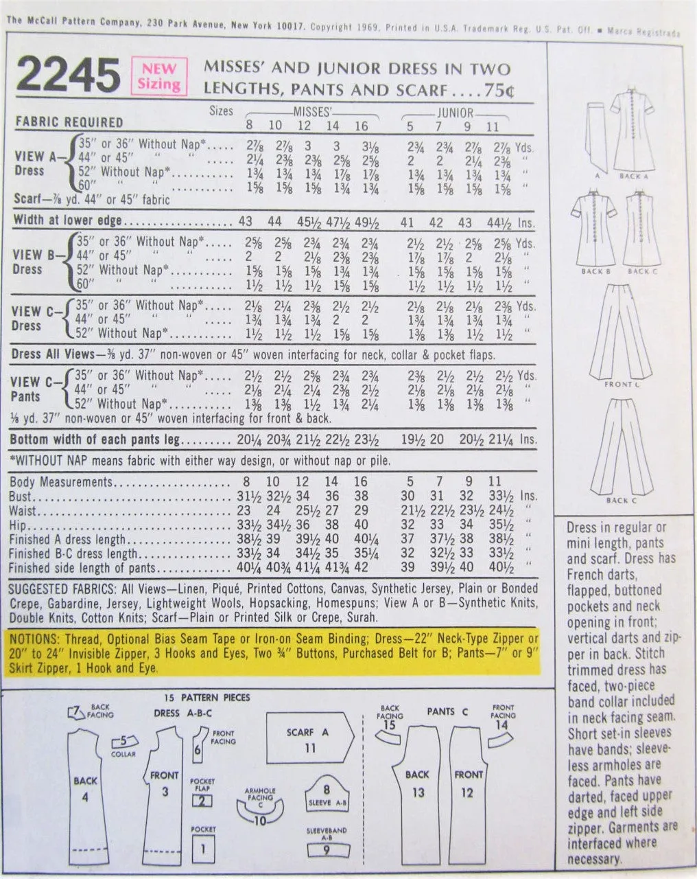 1960s UNIQUE Mod A Line Dress, Trousers and Scarf Pattern McCALLS 2245 Bust 32 Vintage Sewing Pattern FACTORY FOLDED