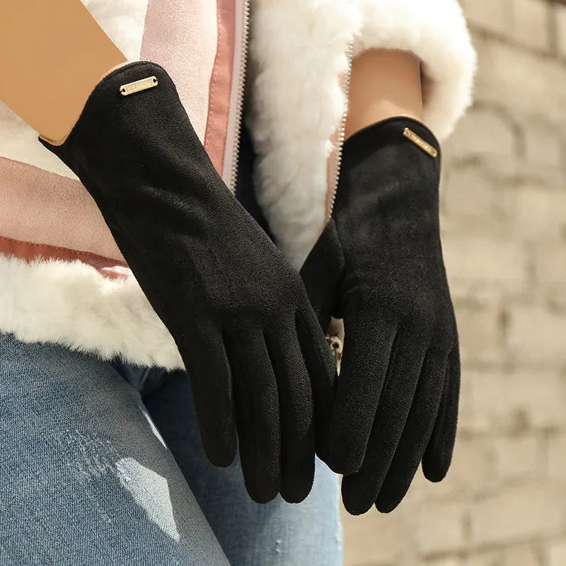 1Pair Women's Suede Gloves - Woven Full-Finger Thermal, Fleece-Lined, Windproof, Elastic, Casual Weekend Wear Warm Gloves