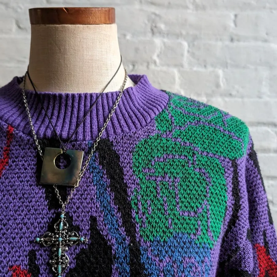 80s Vintage Purple Chunky Knit Grandpa Sweater Abstract Coogi Style Granny Top