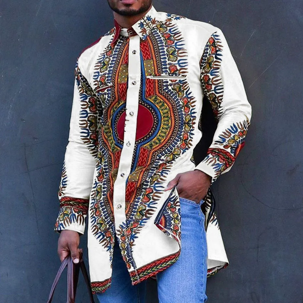 944723  Ethnic style digital printed shirt mid-length shirt men's robes  abaya