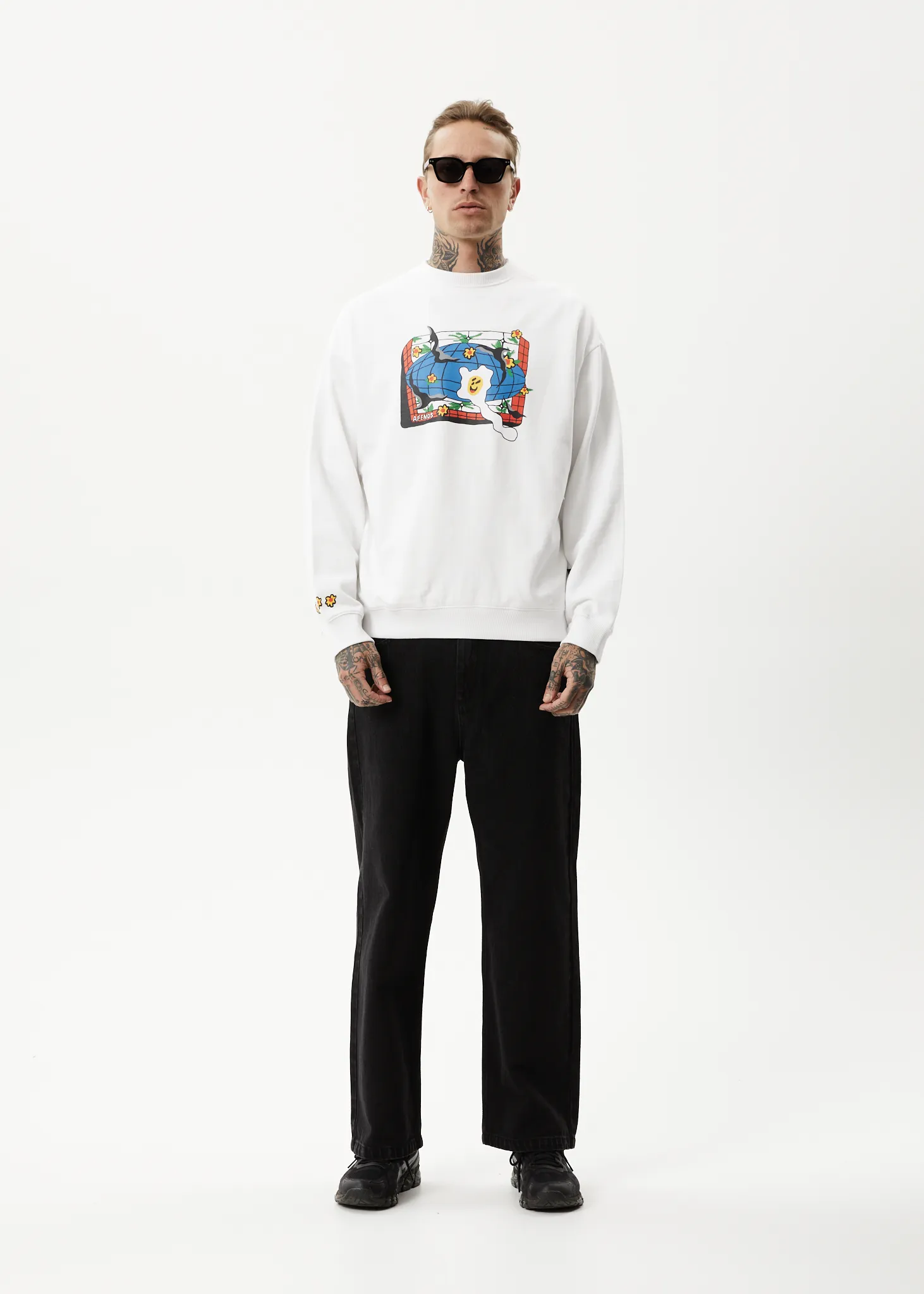 AFENDS Mens Globe - Crew Neck Graphic Jumper - White