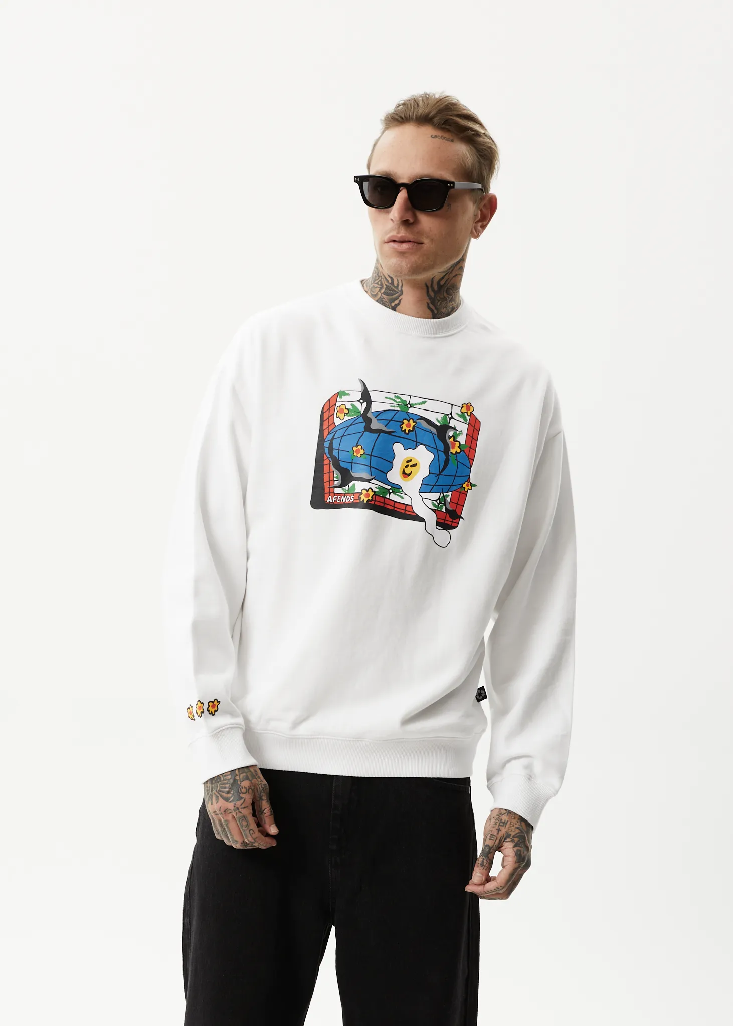 AFENDS Mens Globe - Crew Neck Graphic Jumper - White