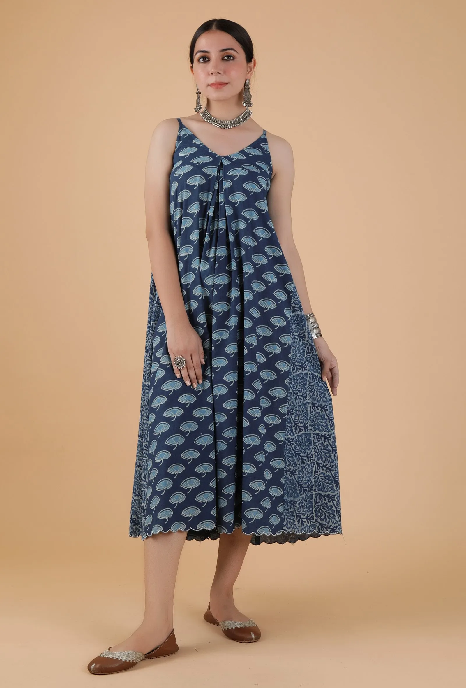 Akshita Indigo Buta Print Side Gather Kurta Dress