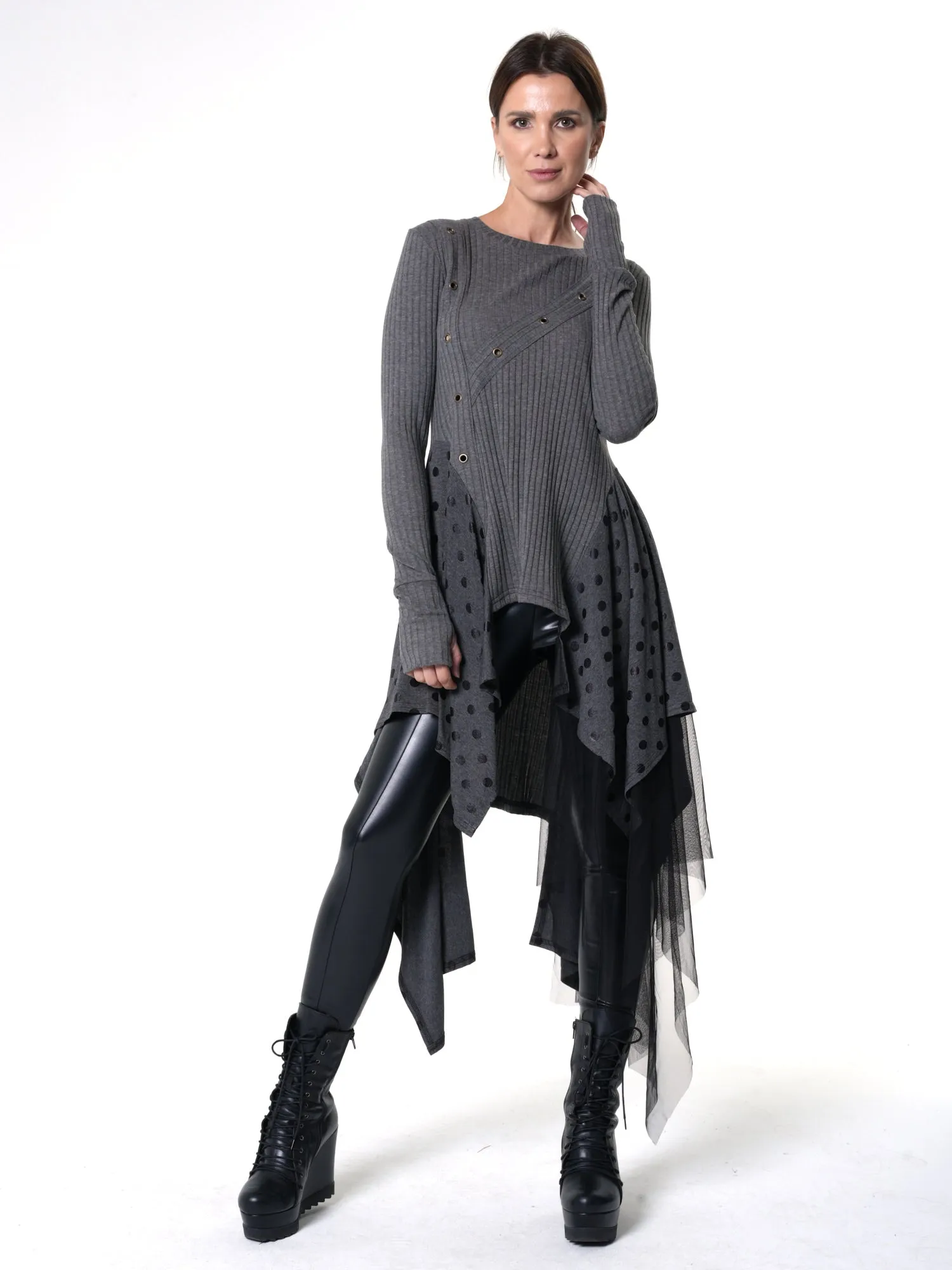 Asymmetric Knit Tunic with Polka Dots and Tulle Layer