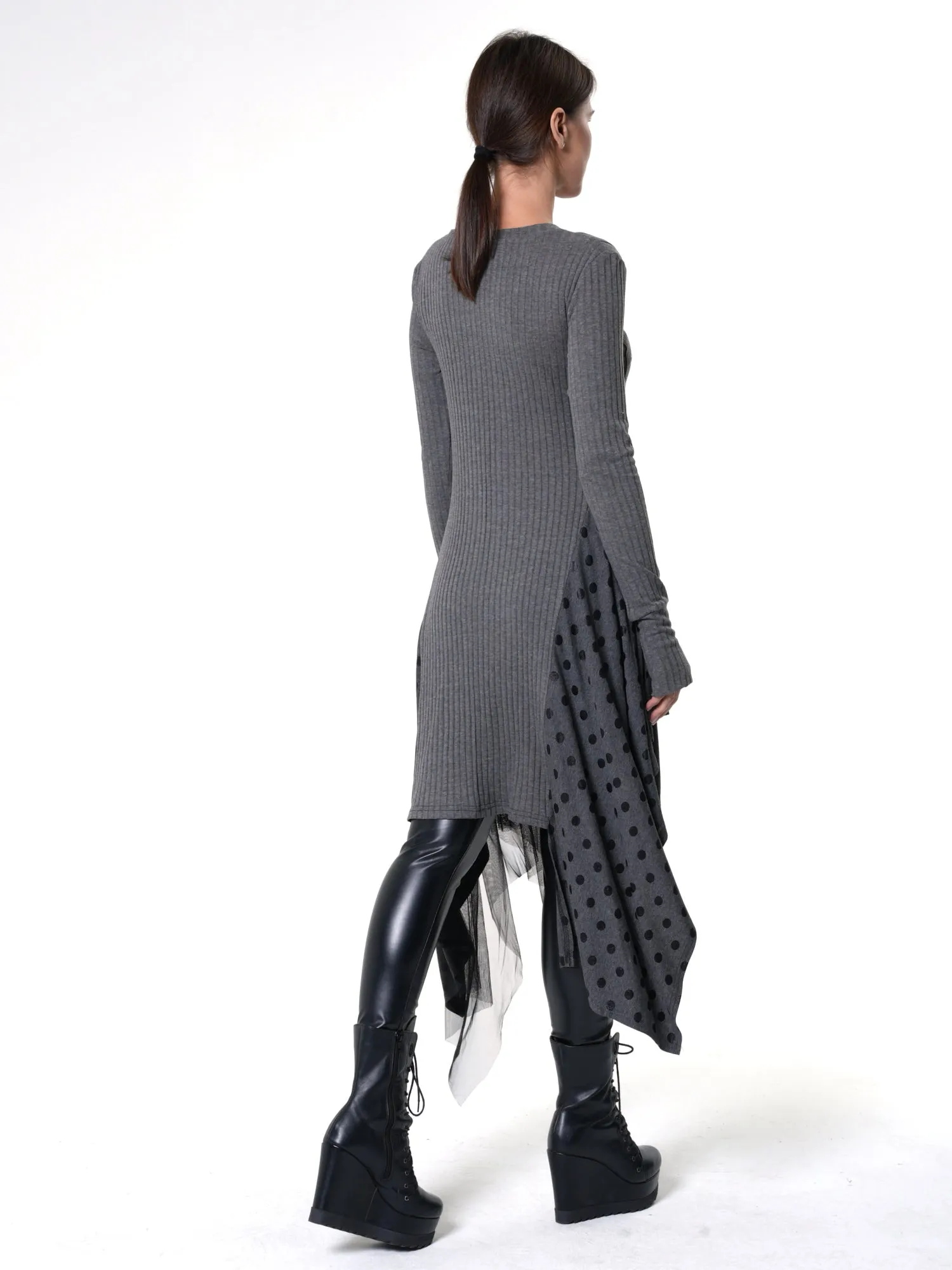 Asymmetric Knit Tunic with Polka Dots and Tulle Layer