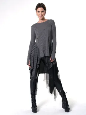 Asymmetric Knit Tunic with Polka Dots and Tulle Layer