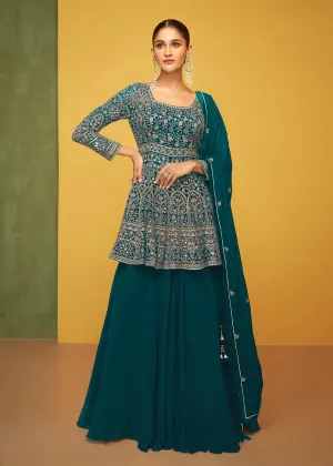 Attractive Teal Georgette Fabric Skirt Style Designer Palazzo Suit