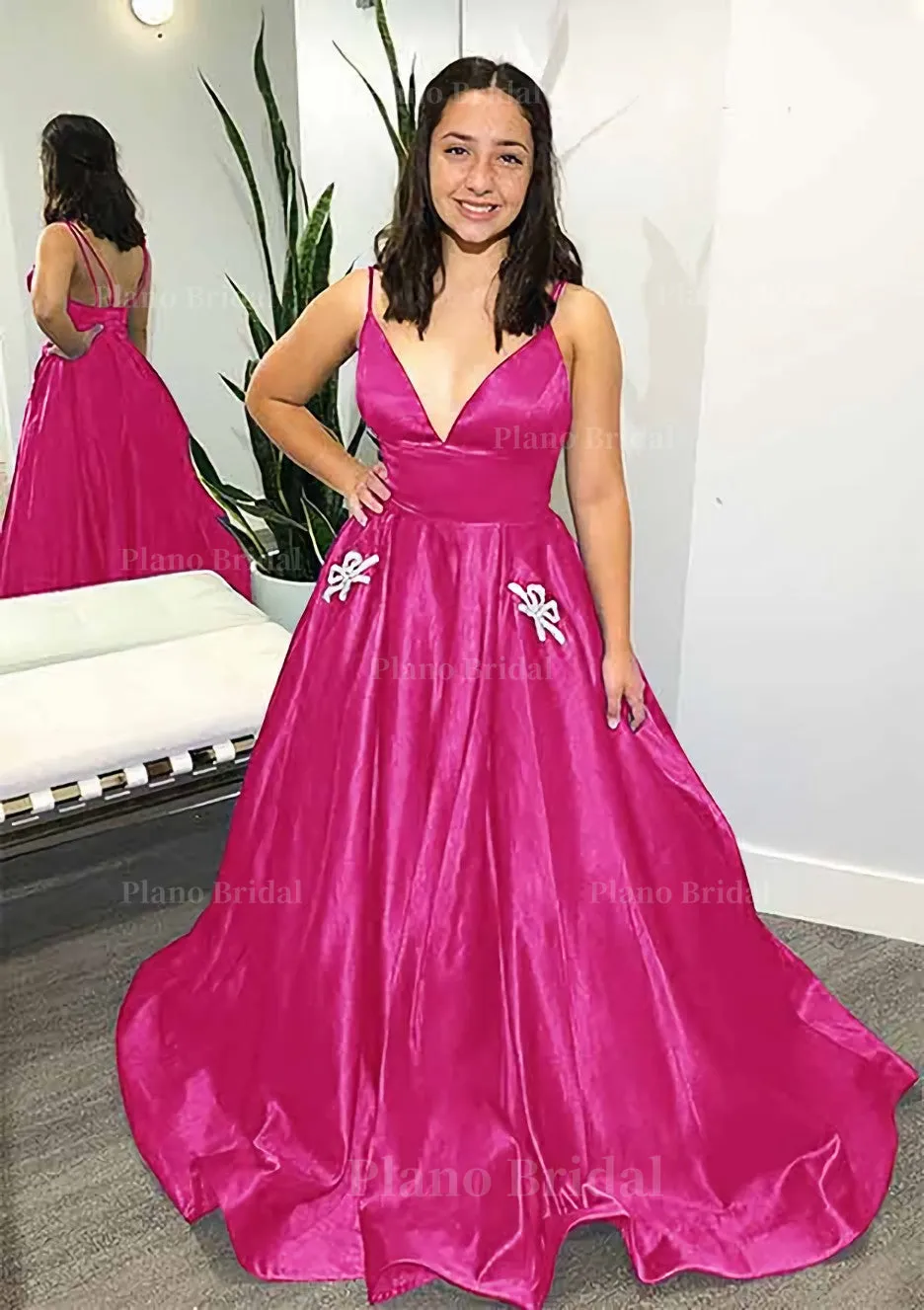 Ball Gown V Neck Spaghetti Straps Sweep Train Satin Prom Dress With Pockets Beading