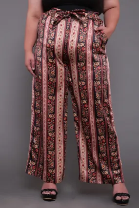 Beige Ethnic Print High Waise Satin Pants