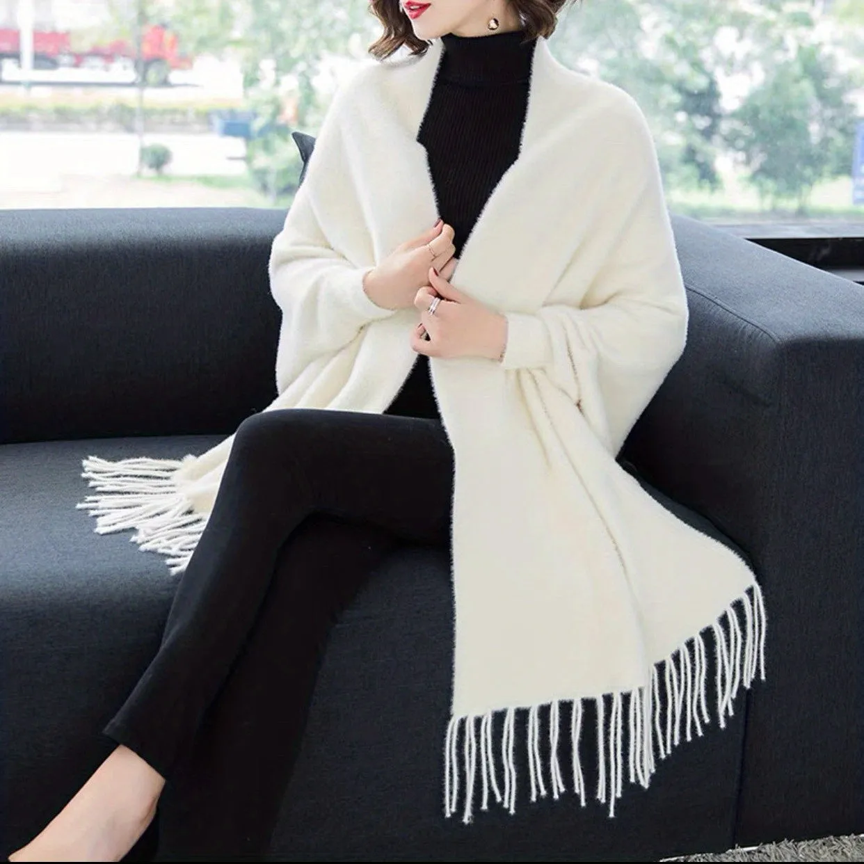 Beige Luxury Imitation Mink Shawl Cardigan - Soft Knitted Warmth, Oversized Tassel Cape - Stylishly Elegant, Ultimate Coldproof for Outdoor Chic