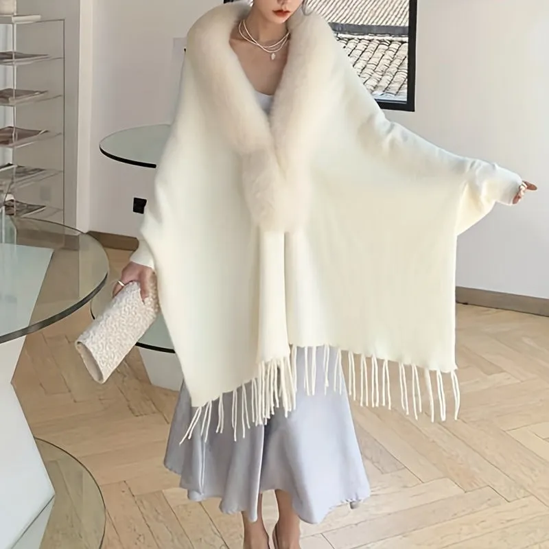 Beige Luxury Imitation Mink Shawl Cardigan - Soft Knitted Warmth, Oversized Tassel Cape - Stylishly Elegant, Ultimate Coldproof for Outdoor Chic