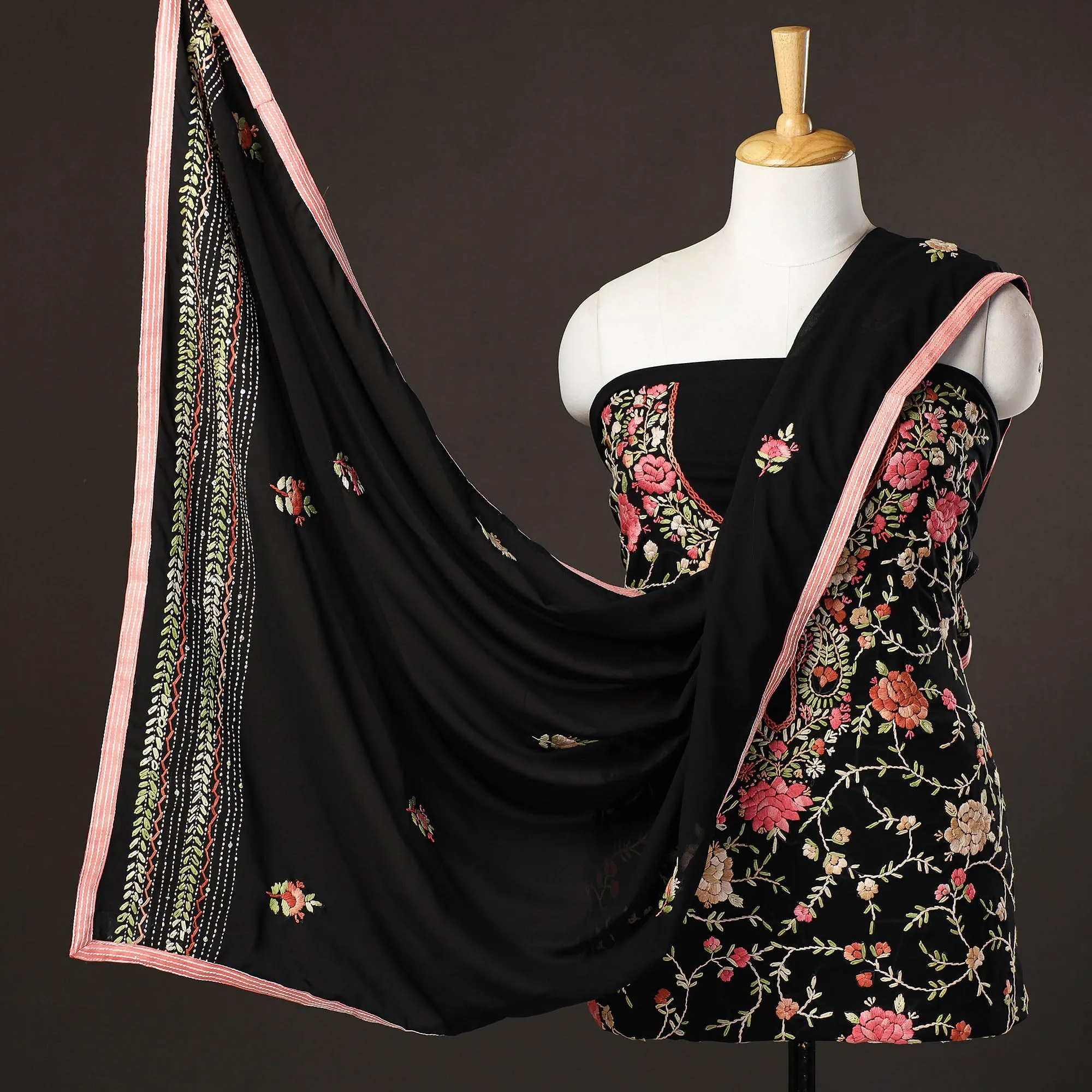 Black - 3pc Hand Embroidery Georgette Phulkari Dress Material 02