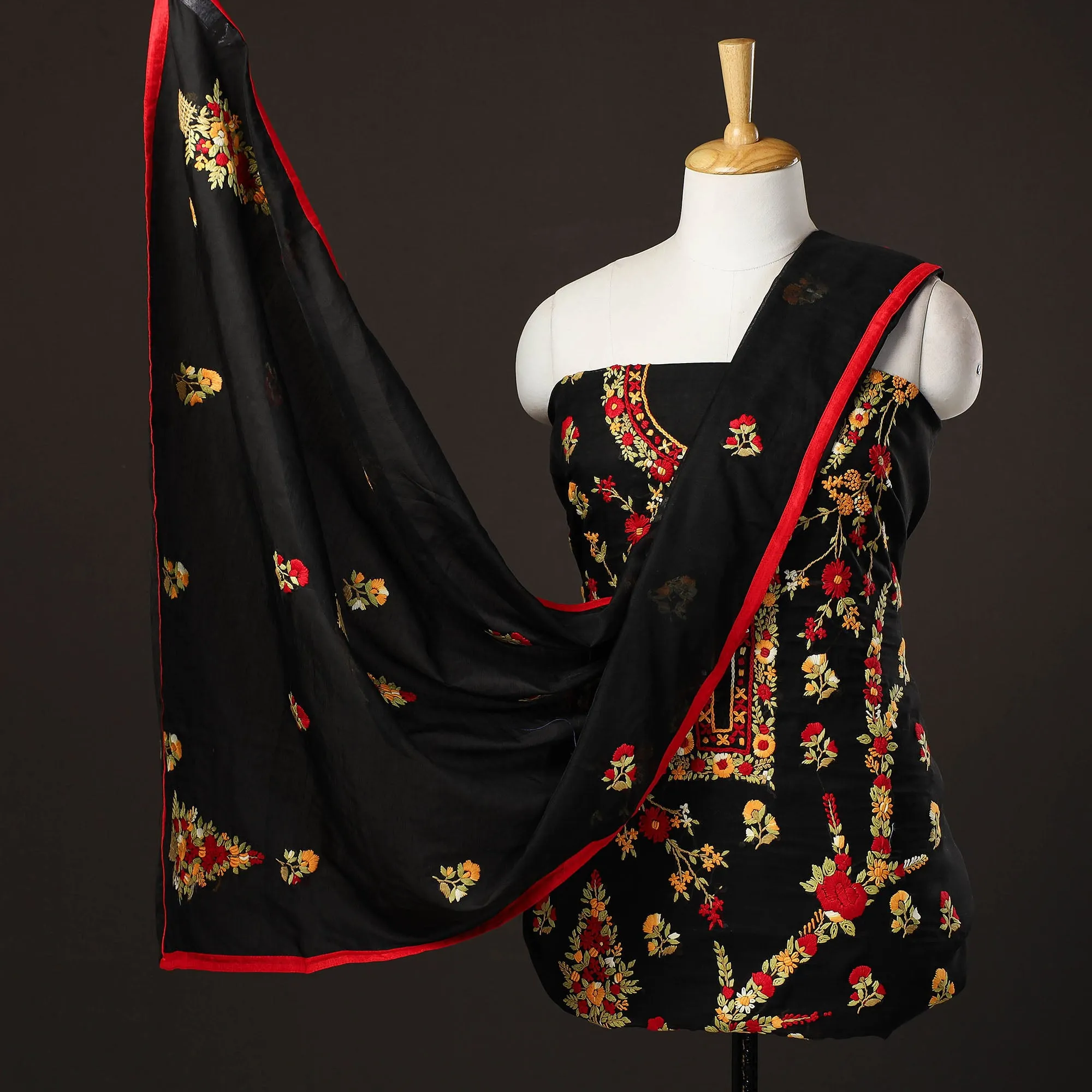 Black - 3pc Hand Embroidery Silk Cotton Phulkari Dress Material 28