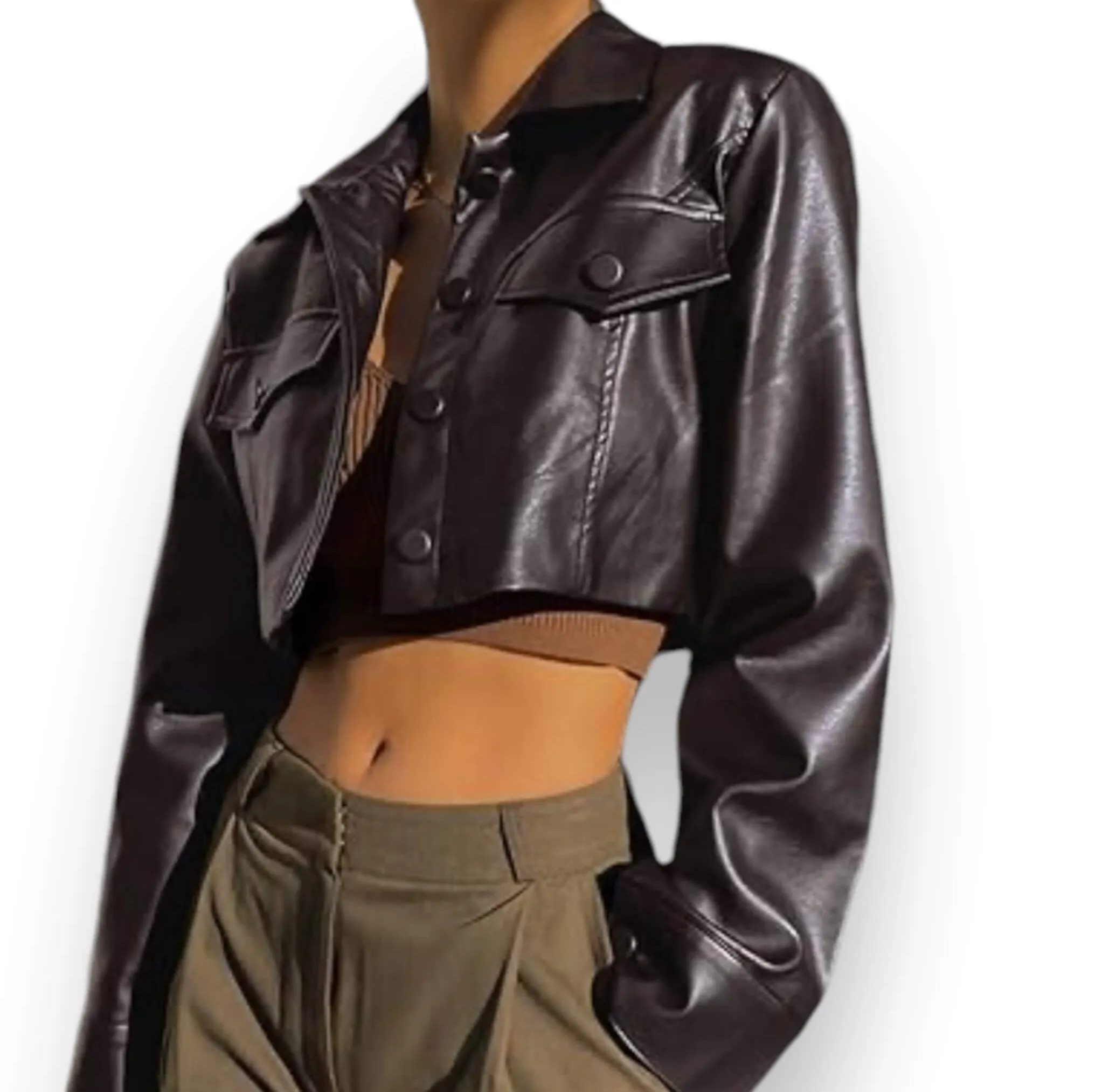 Black Button Up Cropped Bikers Jacket