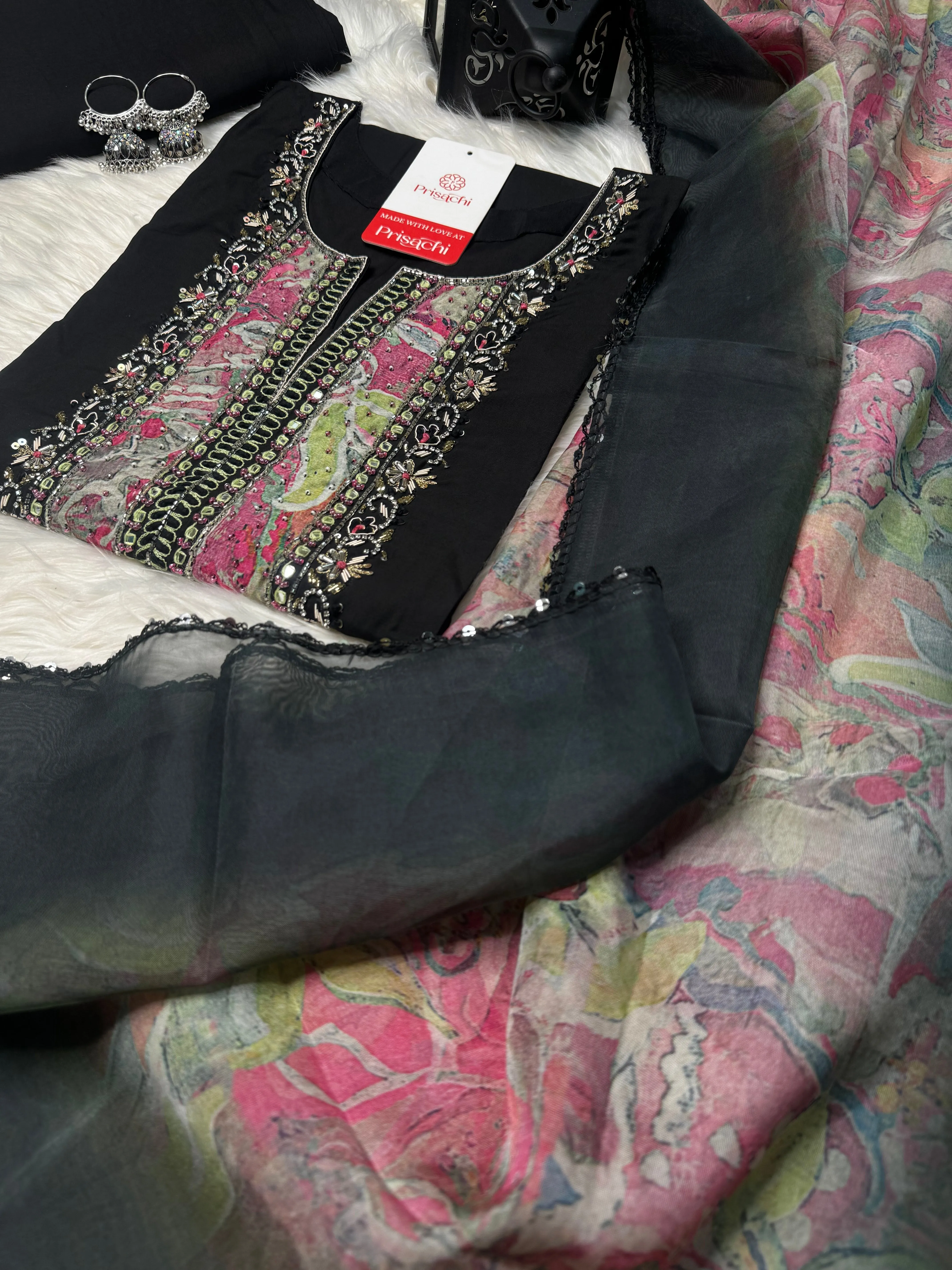 Black embroidered kurta set with dupatta