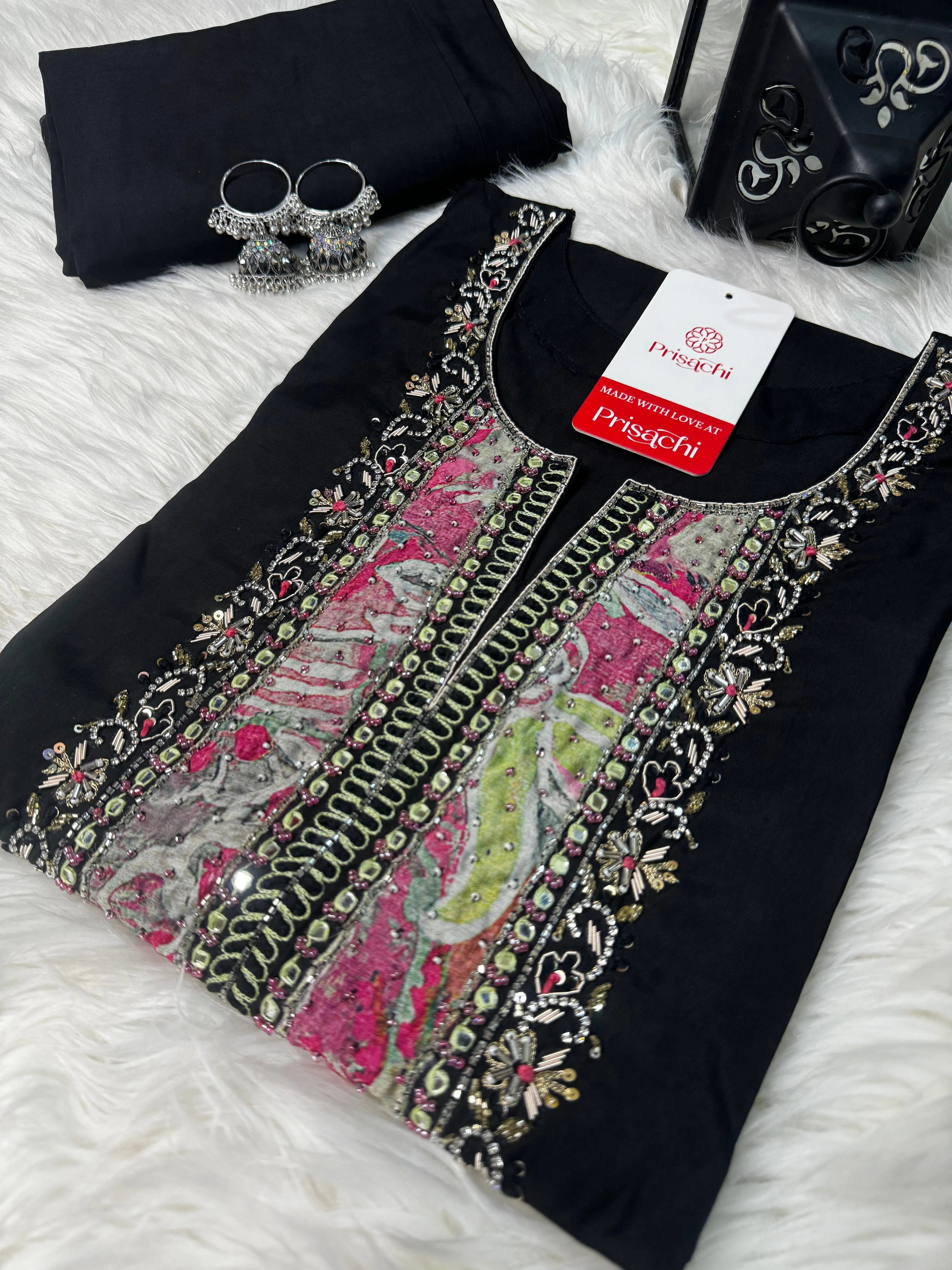 Black embroidered kurta set with dupatta