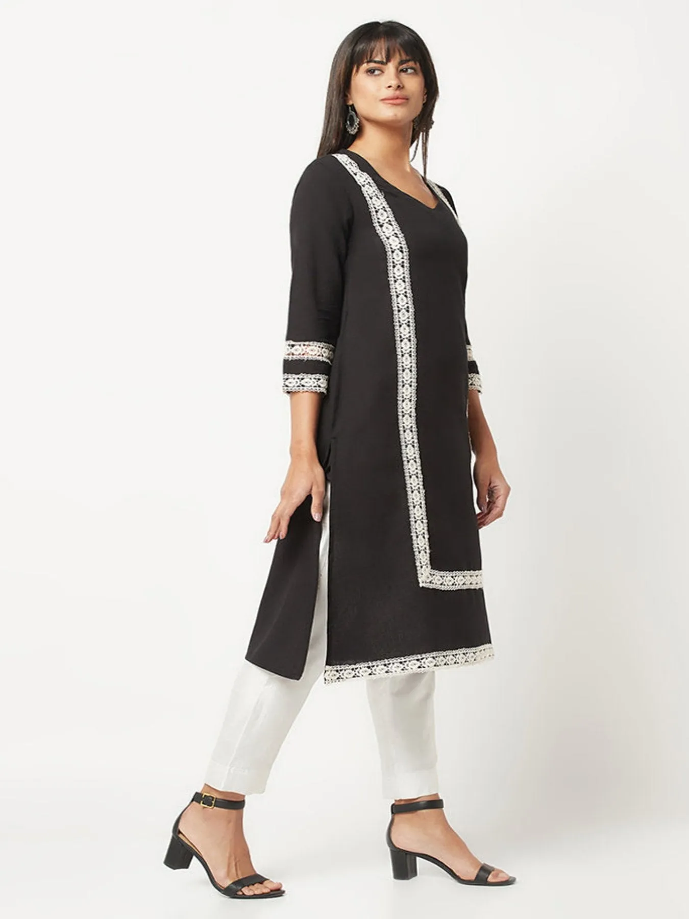 Black Lace Inserted Straight Kurta