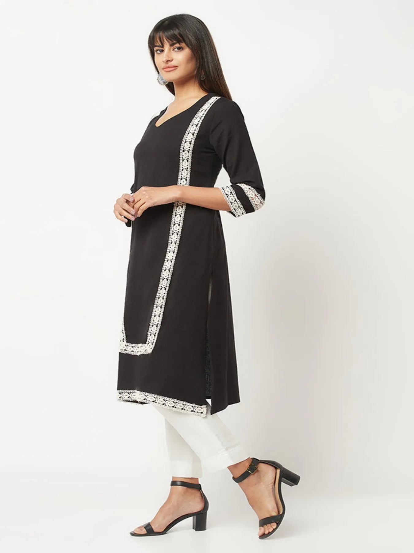 Black Lace Inserted Straight Kurta