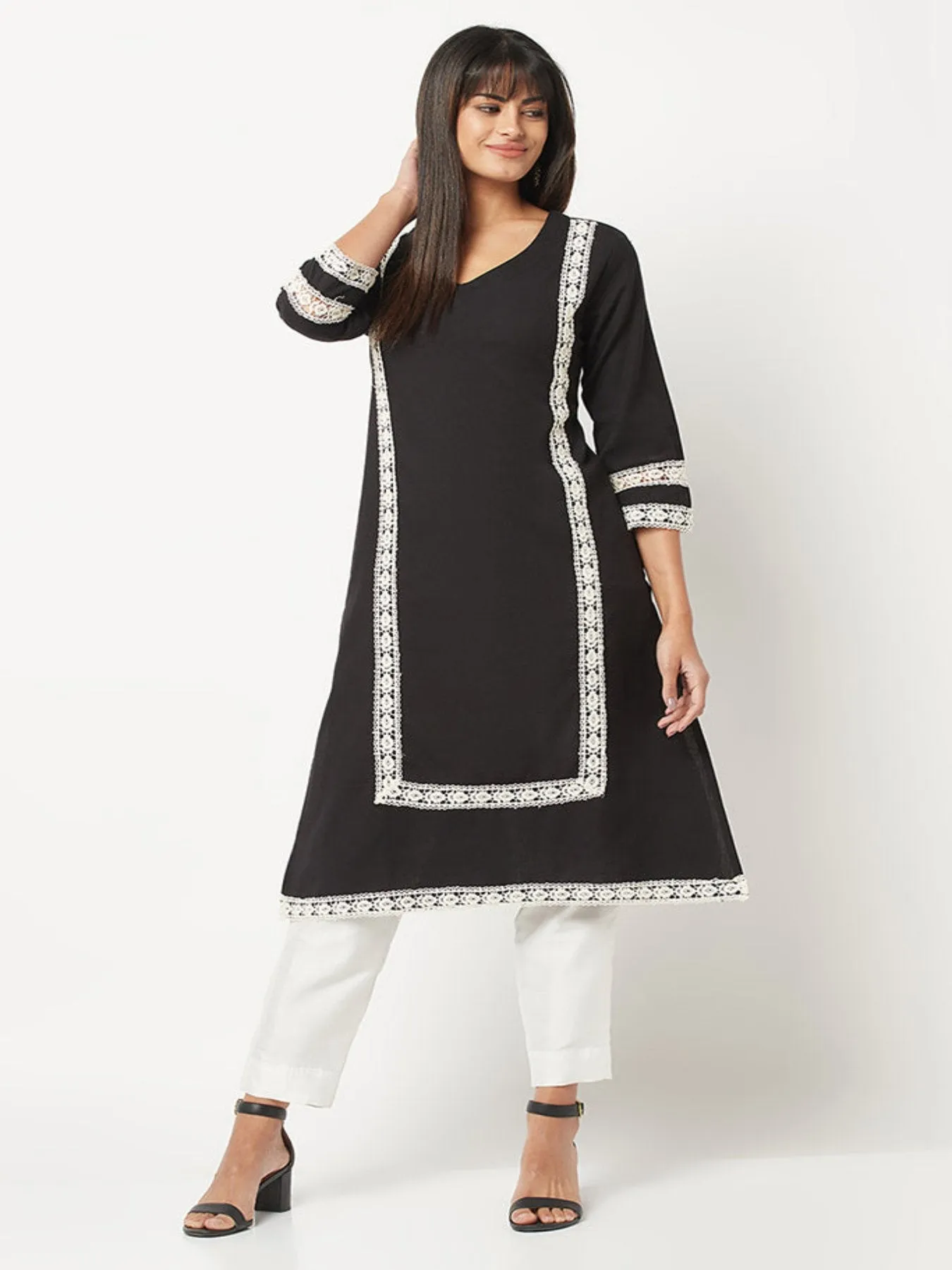 Black Lace Inserted Straight Kurta