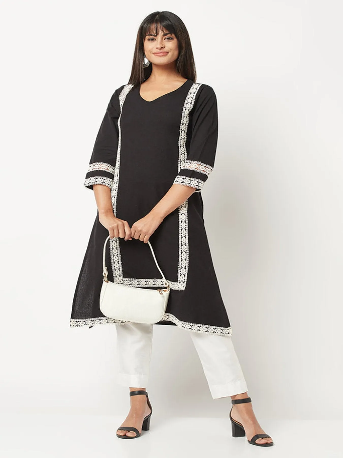 Black Lace Inserted Straight Kurta