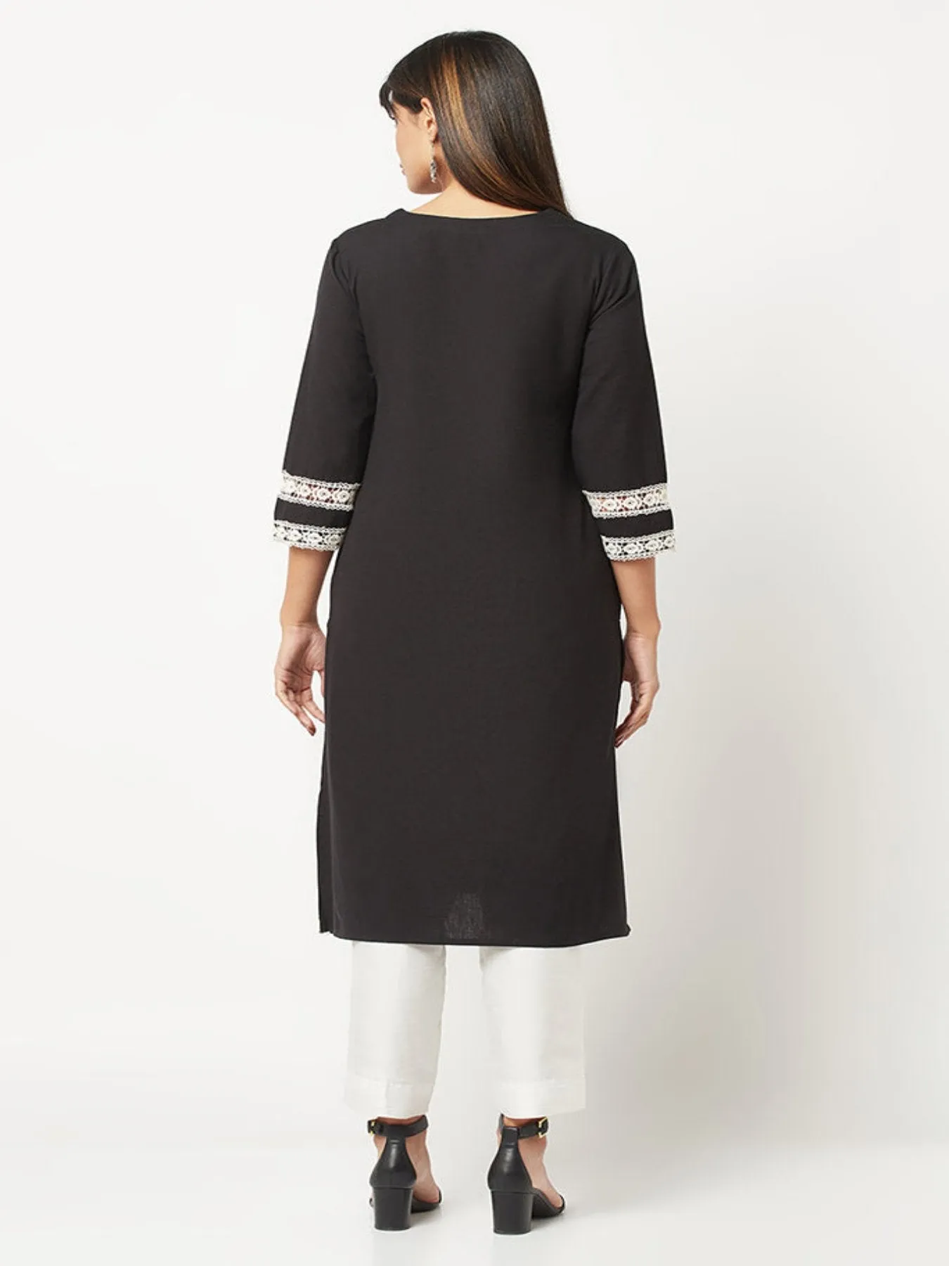 Black Lace Inserted Straight Kurta