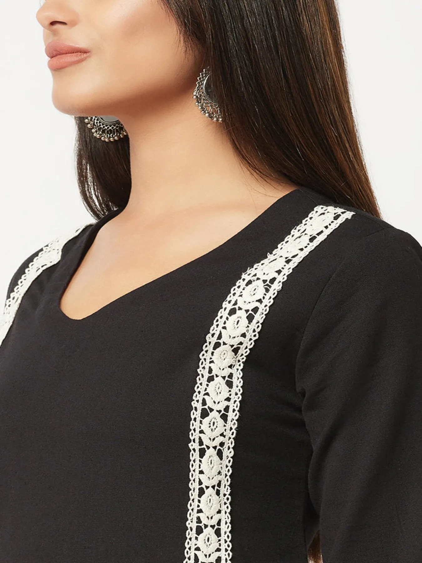 Black Lace Inserted Straight Kurta