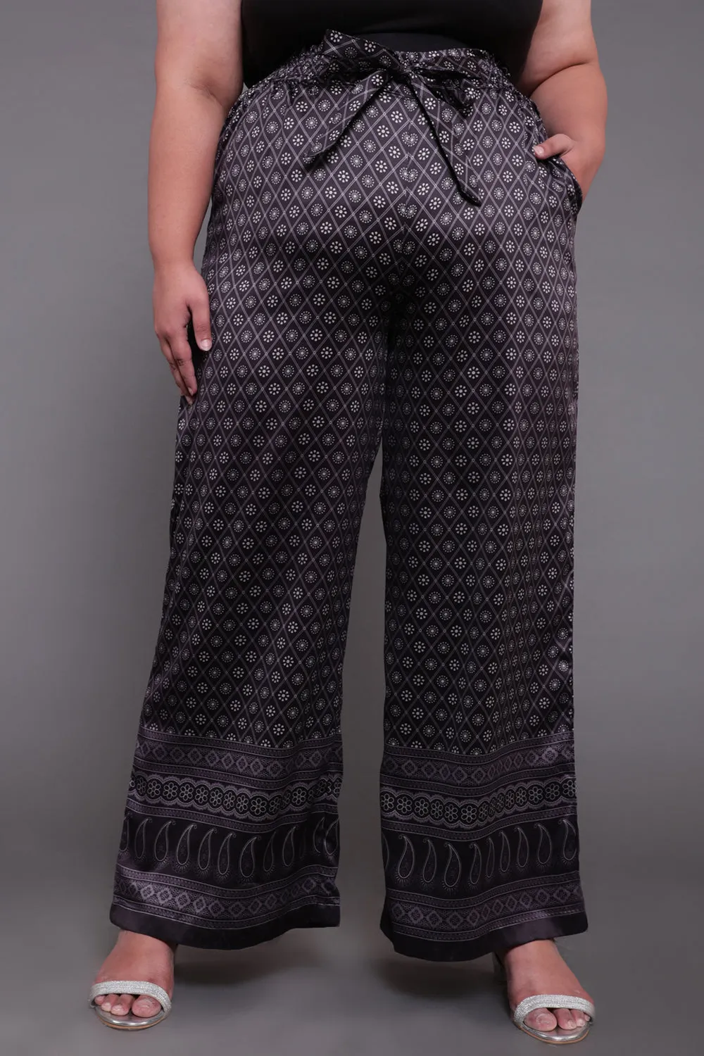 Black Luxe Ethnic Print High Waist Satin Pants