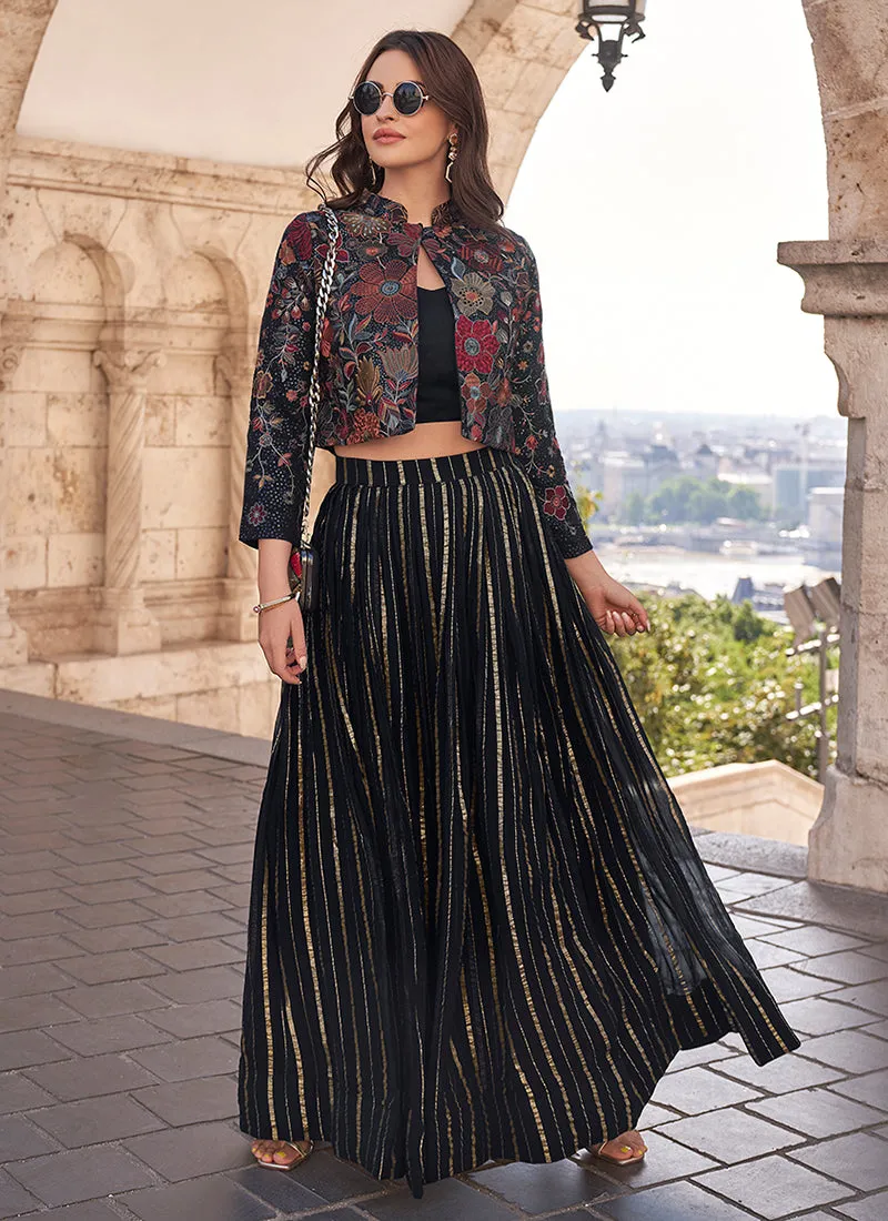 Black Multi Floral Embroidered Jacket Style Lehenga