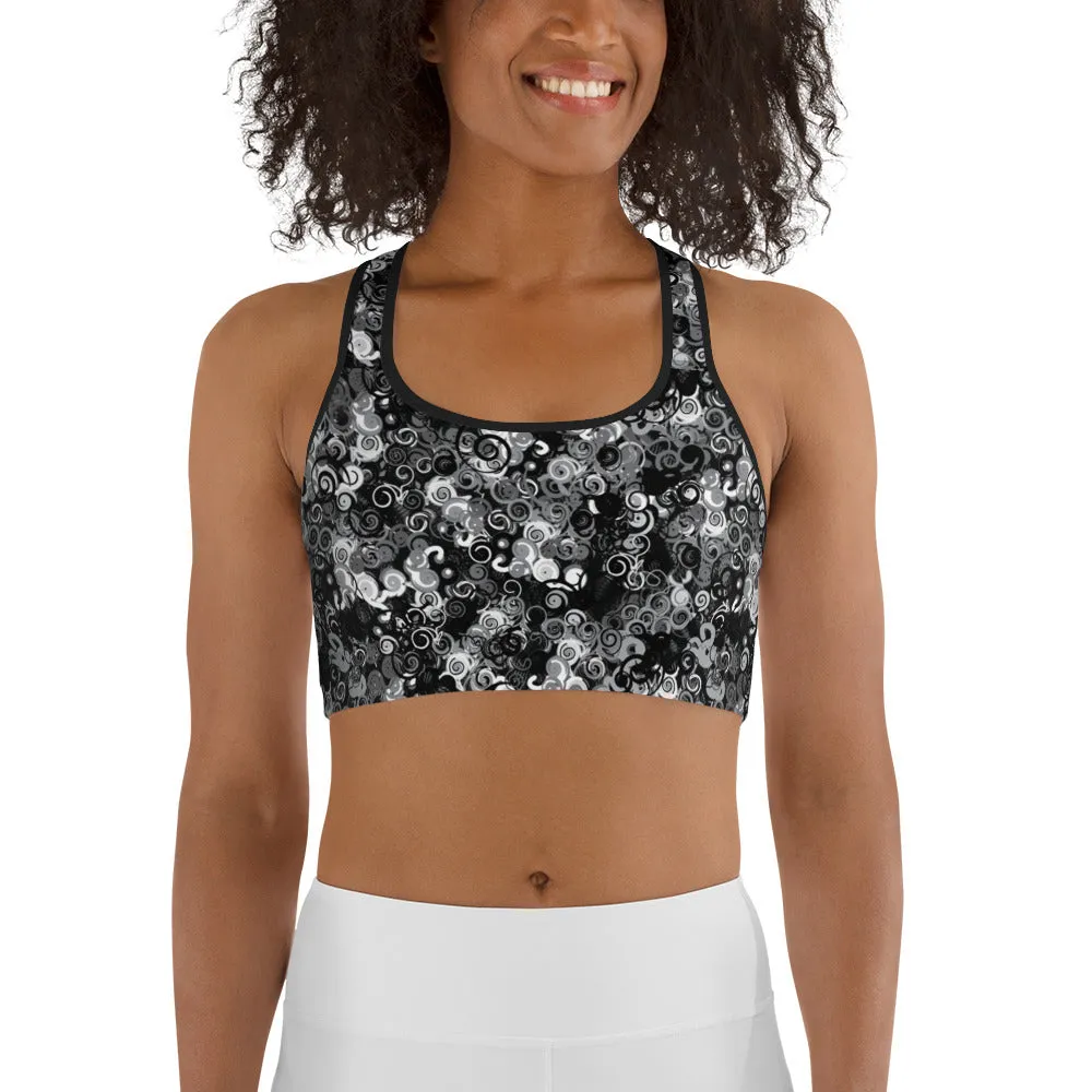 Black Swirl Pattern Sports bra for women, teen, & plus, XS-2XL