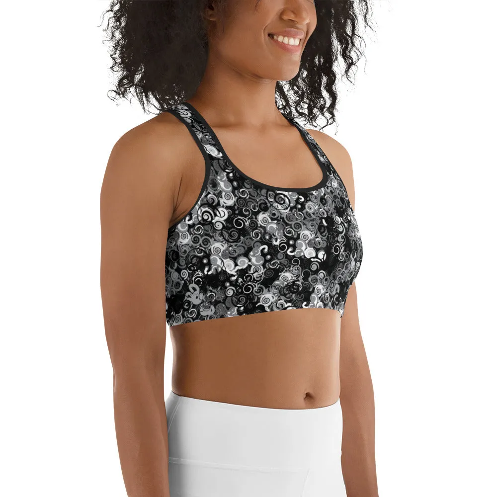 Black Swirl Pattern Sports bra for women, teen, & plus, XS-2XL