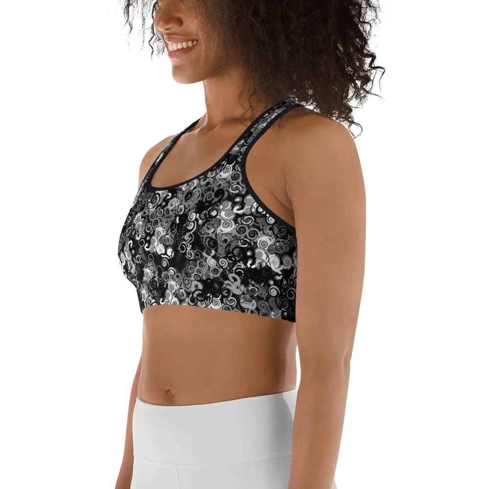 Black Swirl Pattern Sports bra for women, teen, & plus, XS-2XL