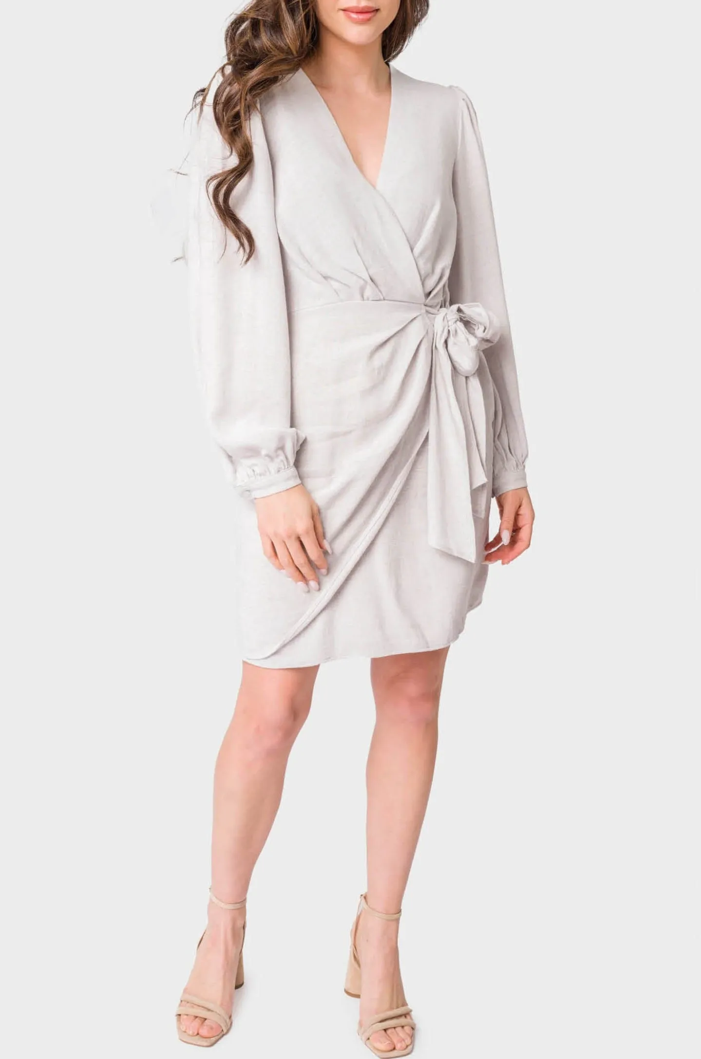 Blouson Sleeve Wrap Linen Dress