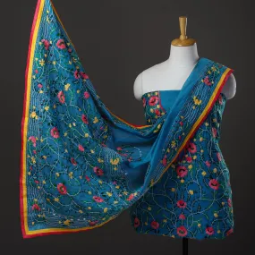 Blue - 3pc Hand Embroidery Chanderi Silk Phulkari Dress Material 59