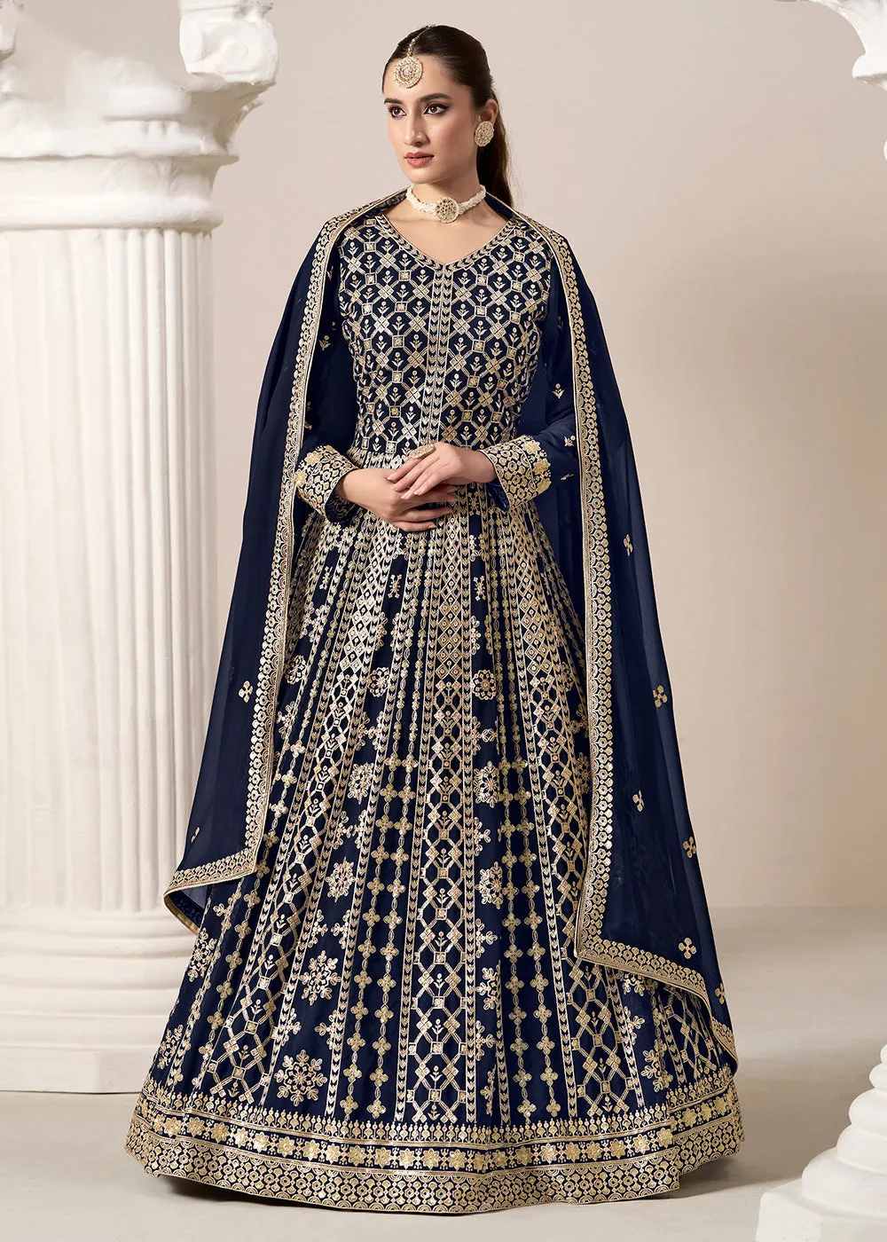 Blue All Over Embroidered Georgette Designer Anarkali Gown