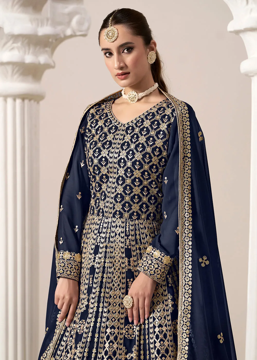 Blue All Over Embroidered Georgette Designer Anarkali Gown