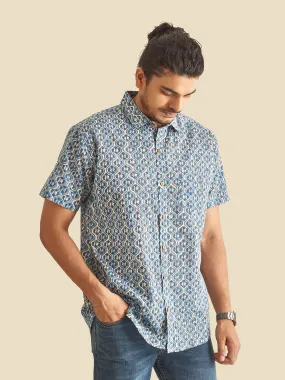 Blue and White Ethnic Block Printed Holiday Halfsleeves Cotton Shirt