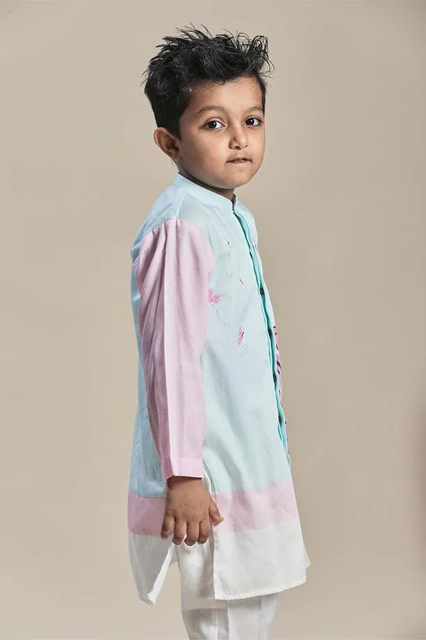 Blue Long Kurta and Pink & Off-White Pants Set for Boys