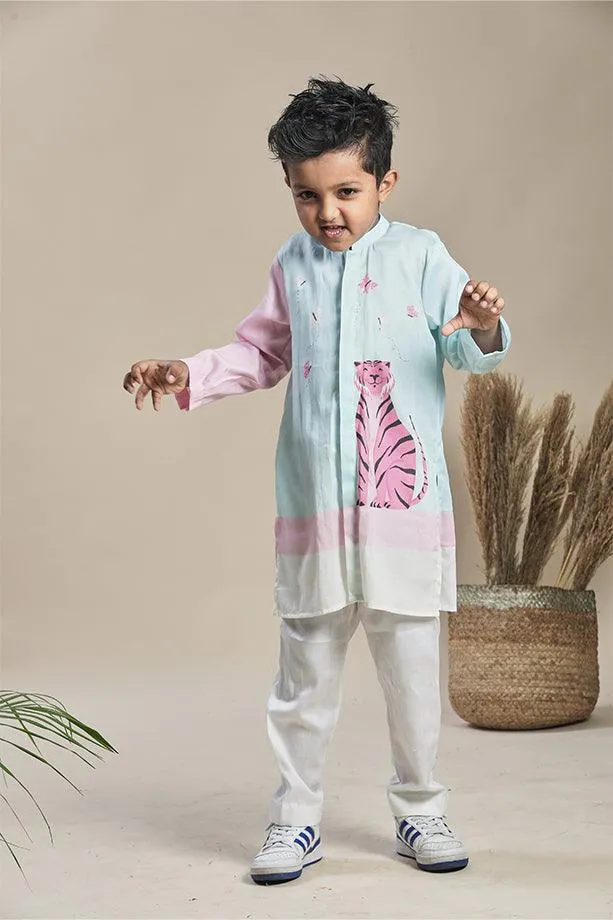 Blue Long Kurta and Pink & Off-White Pants Set for Boys