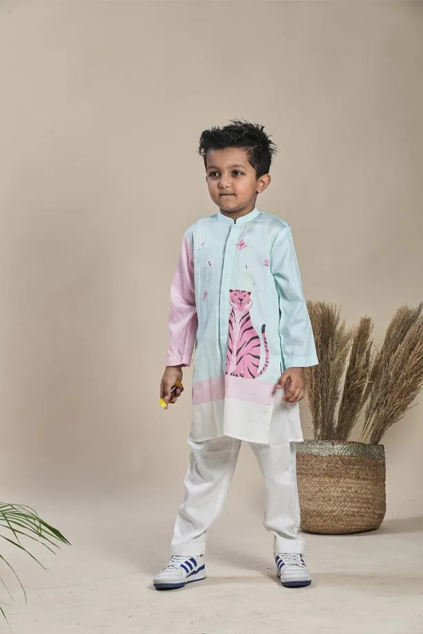 Blue Long Kurta and Pink & Off-White Pants Set for Boys