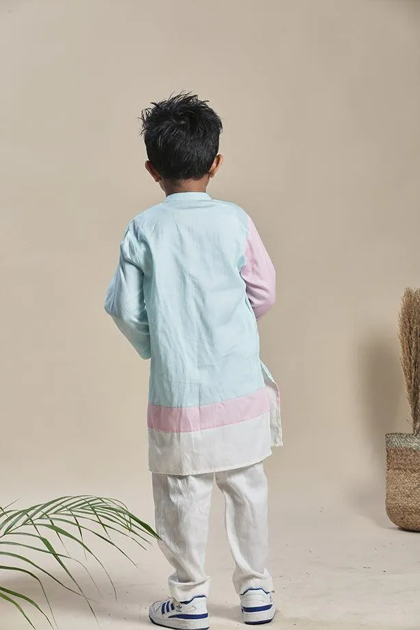 Blue Long Kurta and Pink & Off-White Pants Set for Boys