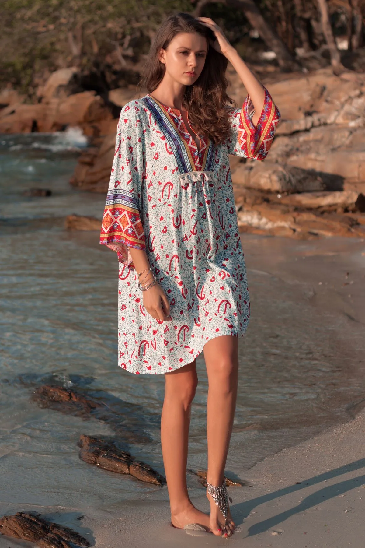 Bohemian Nine-point Sleeve V-neck Loose Ethnic Print Dress Skirt