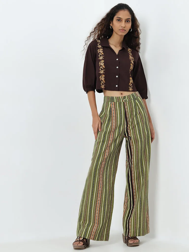 Bombay Paisley Green Striped High-Rise Cotton Blend Pants