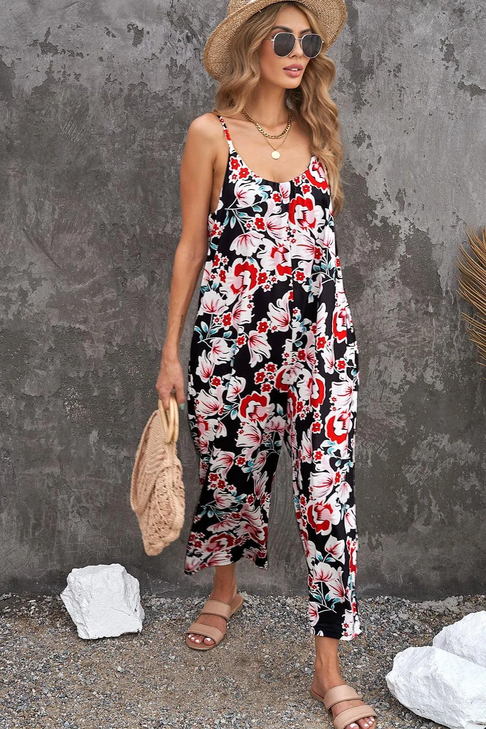 Botanical Print Spaghetti Strap Cropped Jumpsuit