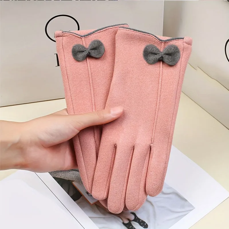 Bow Decor Winter Warm Gloves, Touch Screen Fashion Cycling Gloves, Women's Elegant Windproof Gloves