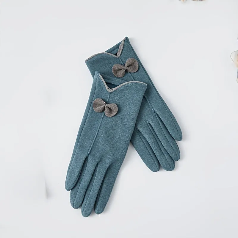 Bow Decor Winter Warm Gloves, Touch Screen Fashion Cycling Gloves, Women's Elegant Windproof Gloves