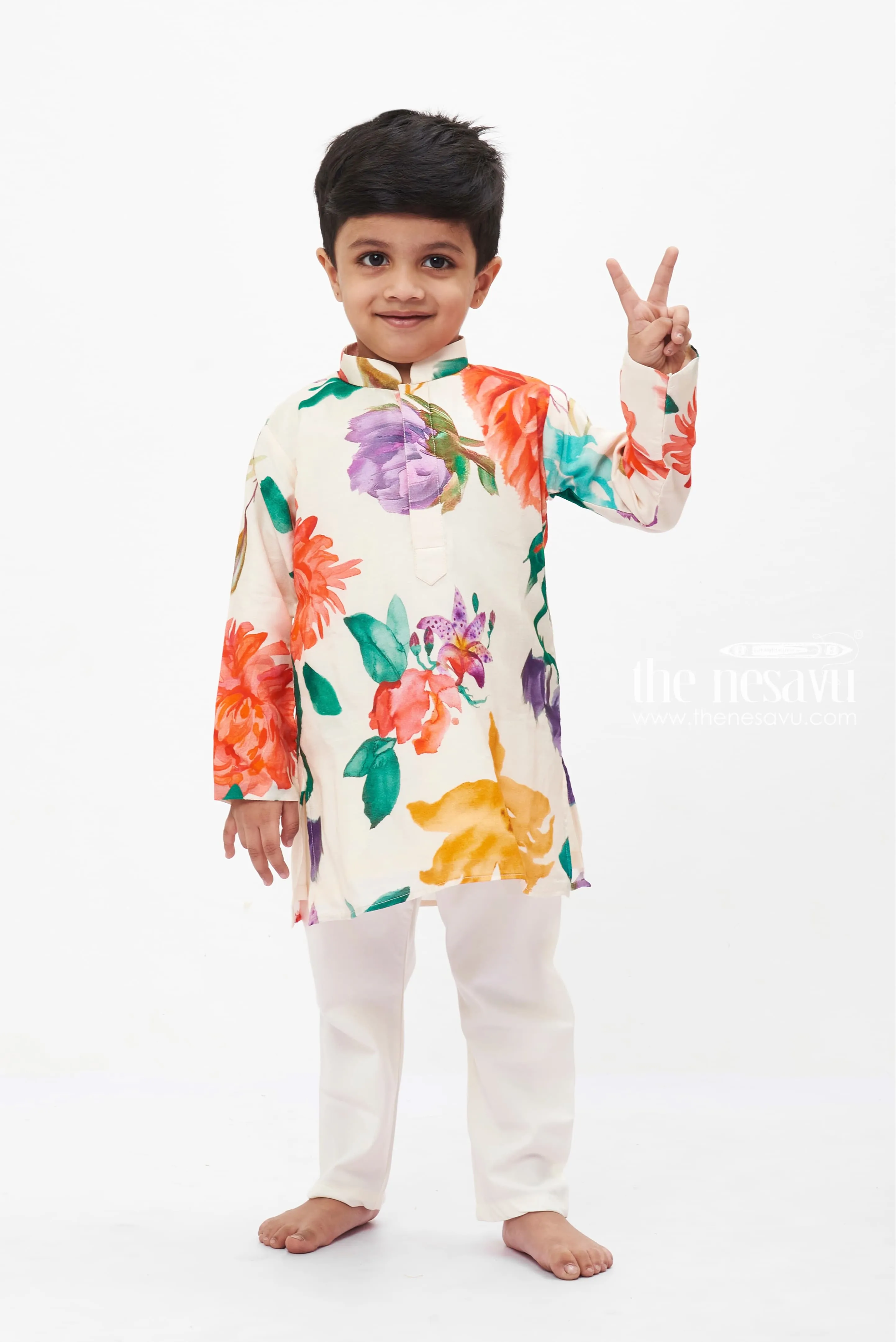 Boys' Vibrant Floral Ethnic Kurta with White Pants Set