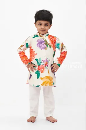 Boys' Vibrant Floral Ethnic Kurta with White Pants Set